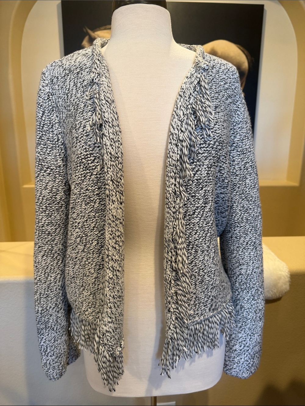 Jones New York Black and White Marled Fringe Open-Front Cardigan